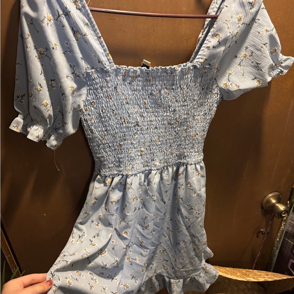 Light Blue Floral Charmed Hearts Mini Dress - With elastic on the chest